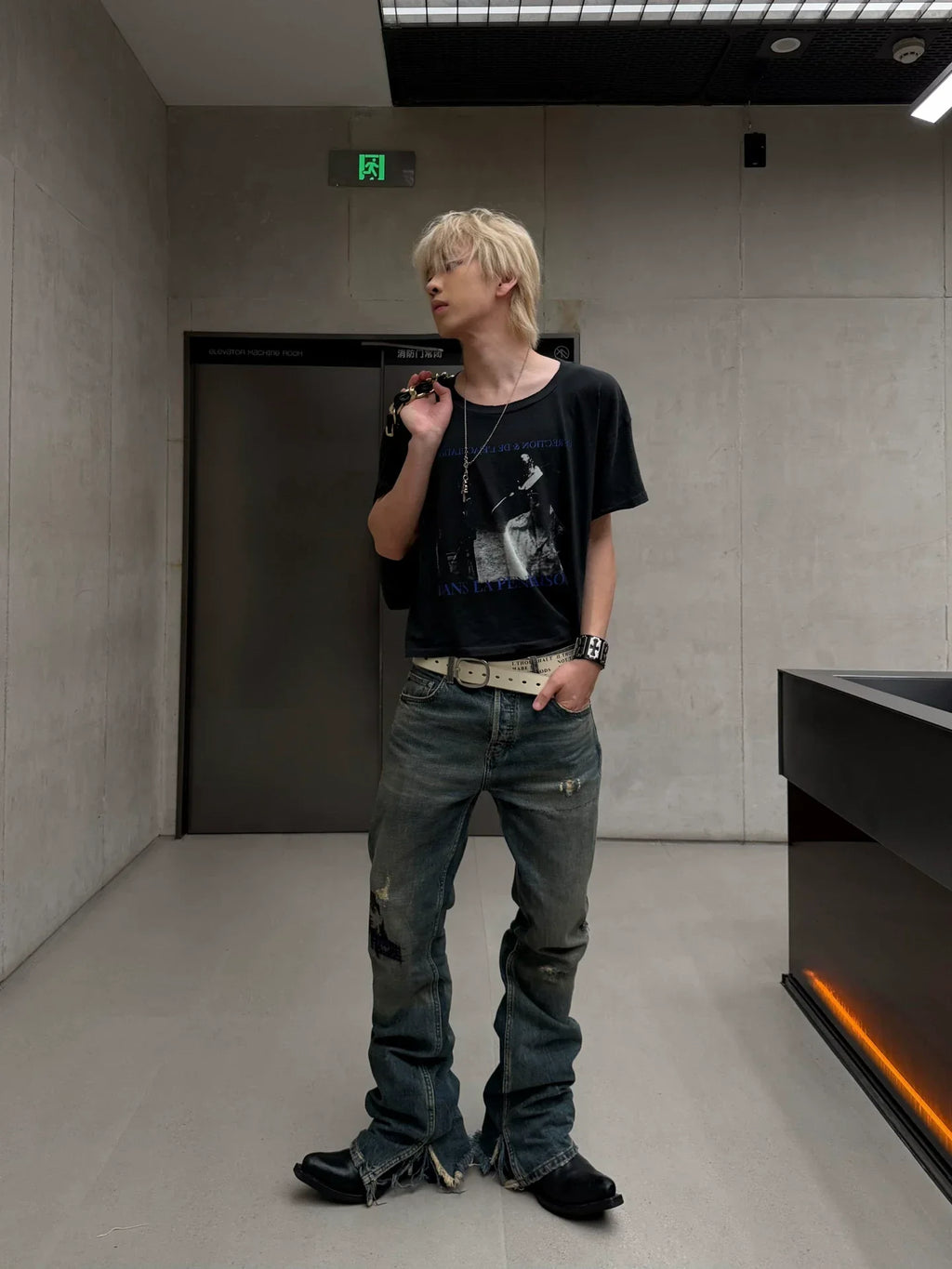 Echo Alley Six-Point Star Patch Distressed Micro Flare Jeans — Washed Blue