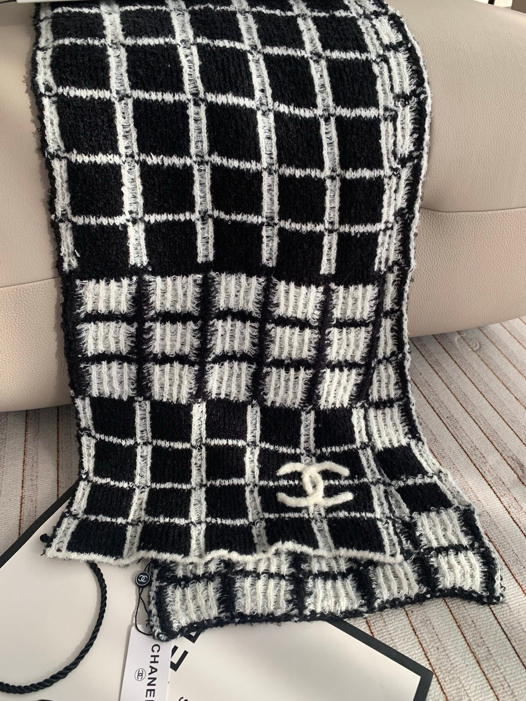 Chanel Style Fuzzy Windowpane Plaid Scarf